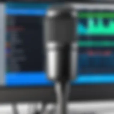 Audio Editing Software for Accurate Transcription A close-up of a microphone and audio editing software