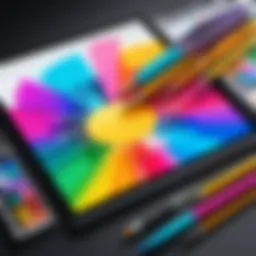 A vibrant digital canvas showcasing various drawing tools and color palettes.