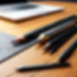 A close-up of traditional drawing tools including pencils, charcoal, and erasers on a wooden table.
