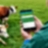 A farmer using a herd manager app on a smartphone in a pasture.