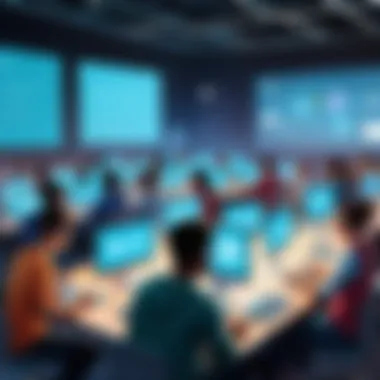 Innovation in Digital Learning Environments Illustration of a digital classroom setting with students engaging in online learning