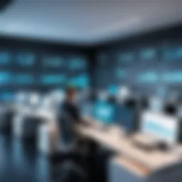 A modern office setup with screens displaying data analytics and AI models