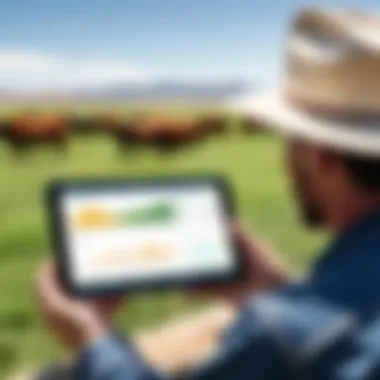 Enhancing Ranch Operations through Digital Solutions A rancher reviewing herd performance metrics on a mobile device.