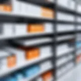 Organized office inventory shelves with labeled items