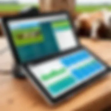 Features of Modern Herd Management Applications Close-up of a tablet displaying herd management software features.