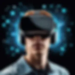 A virtual reality headset user immersed in a digital social space